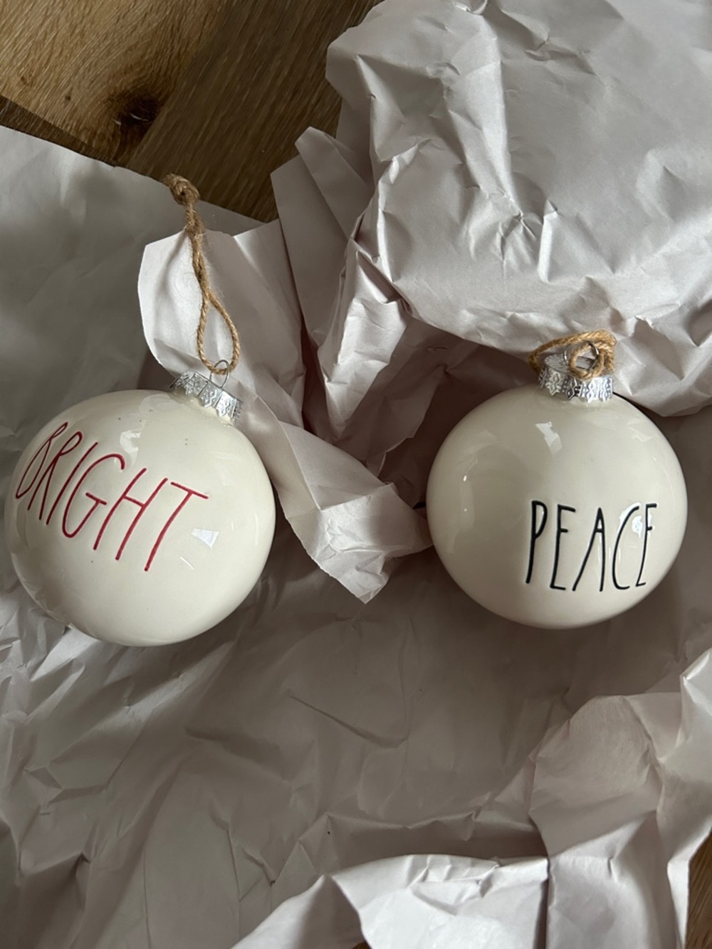 Rae Dunn Cream 'Bright' & 'Peace' Ceramic Ornaments with Red and Black Lettering